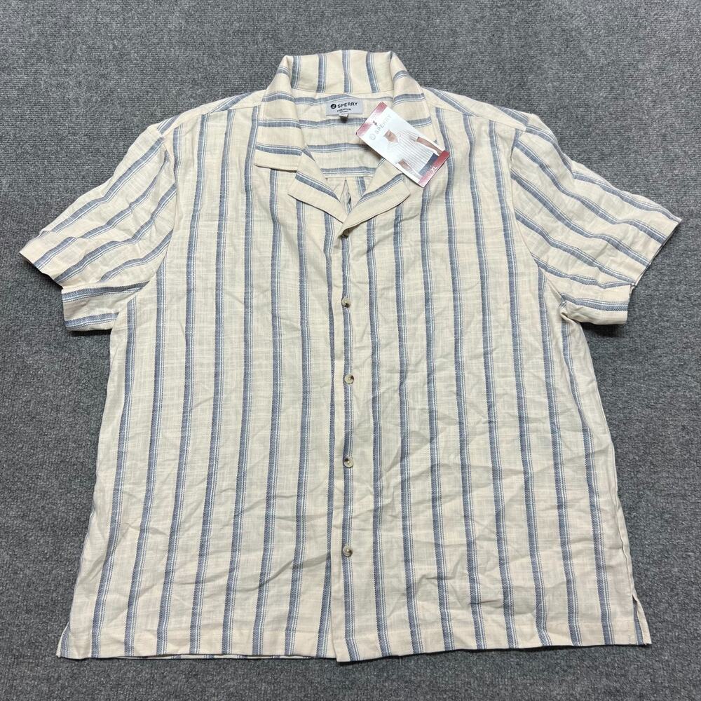 Sperry Premium Apparel Mens XL Beige Blue Stripe Camp Collar Shirt NWT